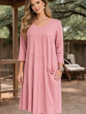 Pure Jill J Jill Pink Easy Knit Seamed Midi Dress Medium Cotton Modal Pocket